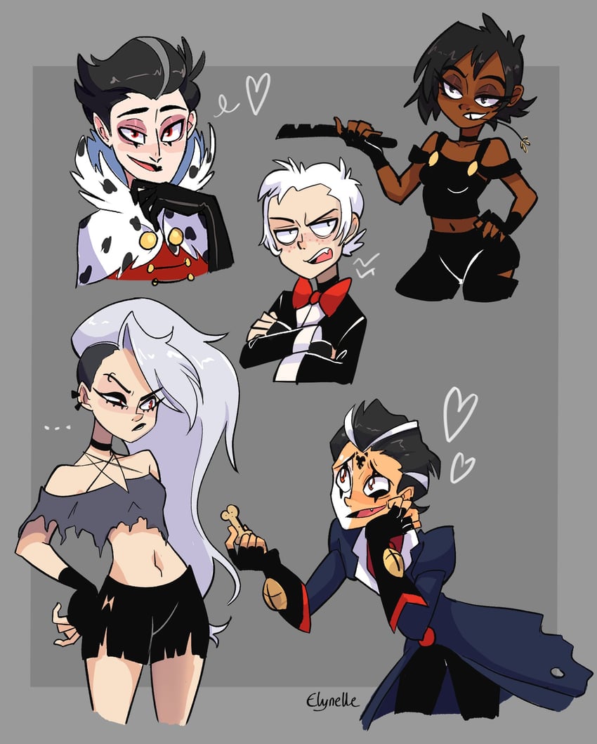 loona, blitzo, stolas, moxxie, and millie (helluva boss) drawn by elynelleart