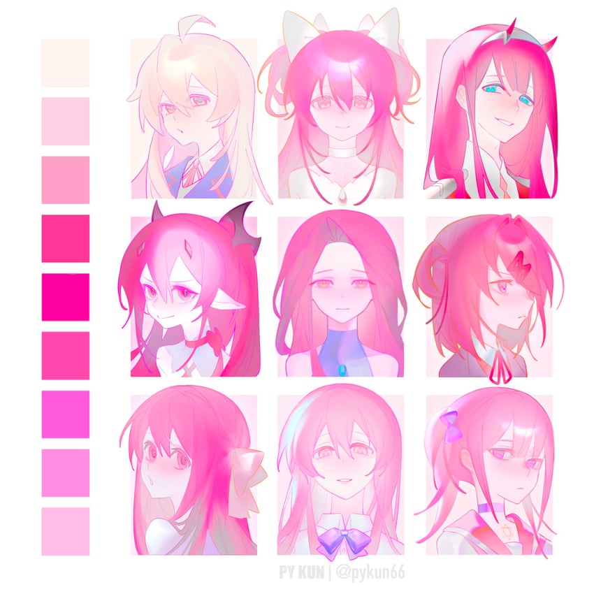kaname madoka, oyama mahiro, ultimate madoka, zero two, mizi, and 5 more (mahou shoujo madoka magica and 8 more) drawn by pykun66