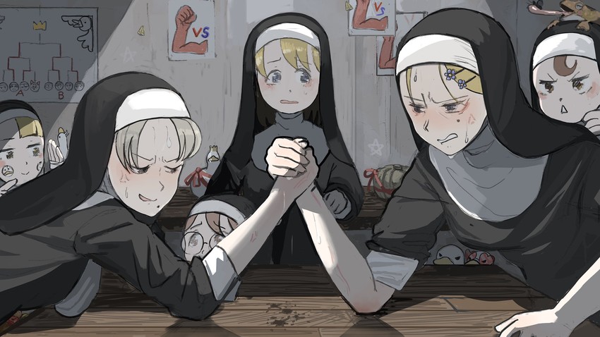 clumsy nun, froggy nun, spicy nun, strict nun, glasses nun, and 1 more (little nuns) drawn by diva_(hyxpk)