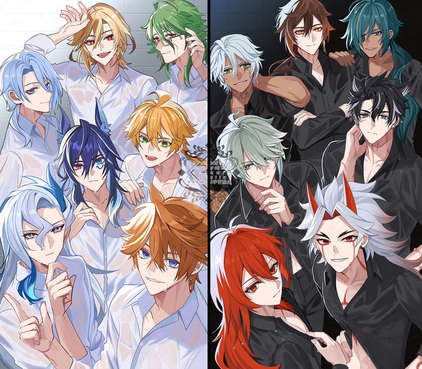 zhongli, tartaglia, alhaitham, kaeya, neuvillette, and 8 more (genshin impact) drawn by hiki_yuichi