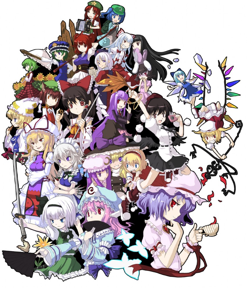 hakurei reimu, kirisame marisa, remilia scarlet, flandre scarlet, izayoi sakuya, and 19 more (touhou) drawn by kanamari_yukikuni
