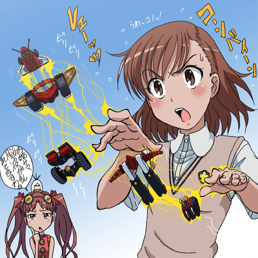 misaka mikoto, shirai kuroko, combattler v, and ropet (toaru majutsu no index and 2 more) drawn by takaya_n