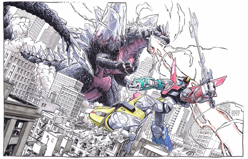 golion, lion voltron, and spacegodzilla (godzilla and 1 more) drawn by dustinweaver