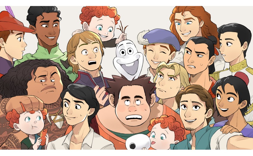 olaf, aladdin, beast, flynn rider, eric, and 13 more (frozen and 14 more) drawn by pano_(mohayayamai)