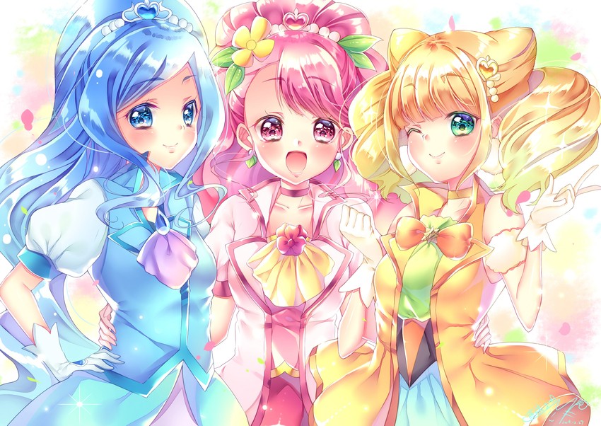 hanadera nodoka, hiramitsu hinata, sawaizumi chiyu, cure grace, cure sparkle, and 1 more (precure and 1 more) drawn by touki_matsuri