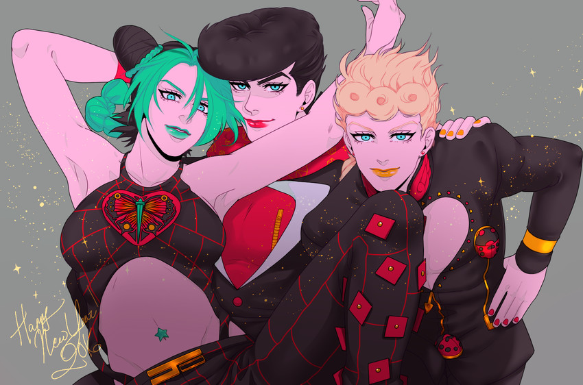 kujo jolyne, giorno giovanna, and higashikata josuke (jojo no kimyou na bouken and 3 more) drawn by tariah_furlow