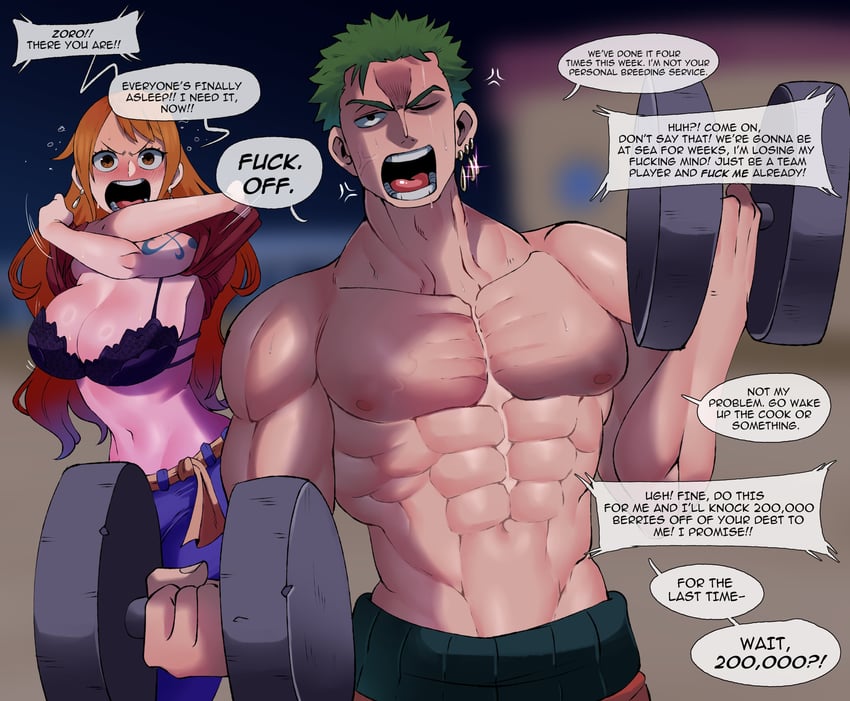 nami and roronoa zoro (one piece) drawn by kinjero