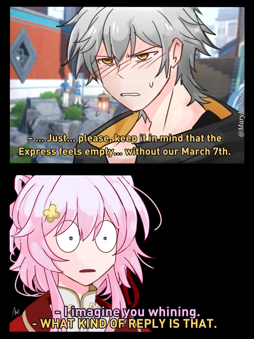 trailblazer, march 7th, and caelus (honkai and 1 more) drawn by mmiklshaek