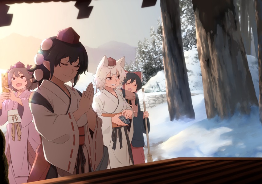 hakurei reimu, shameimaru aya, inubashiri momiji, and himekaidou hatate (touhou) drawn by shundou_heishirou