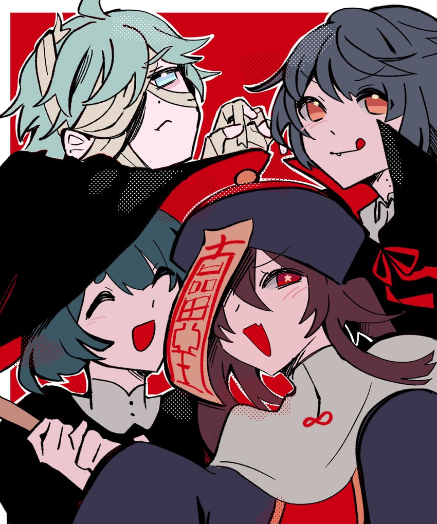 hu tao, xingqiu, chongyun, and xiangling (genshin impact) drawn by bunsketches