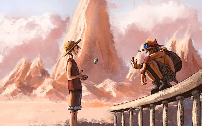 monkey d. luffy and portgas d. ace (one piece) drawn by m7md_oda and oda_eiichirou