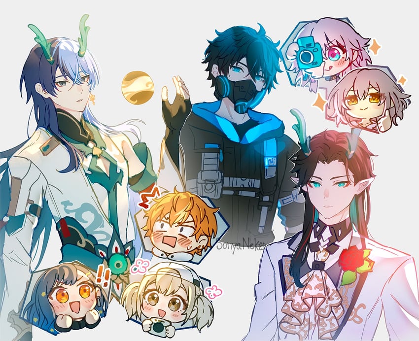 trailblazer, stelle, march 7th, dan heng, shinonome akito, and 4 more (honkai and 2 more) drawn by sonyaneko