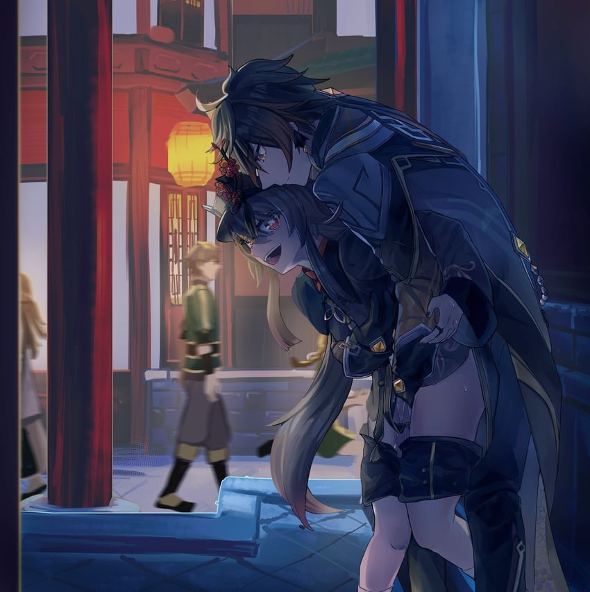 hu tao and zhongli (genshin impact) drawn by doumucchi