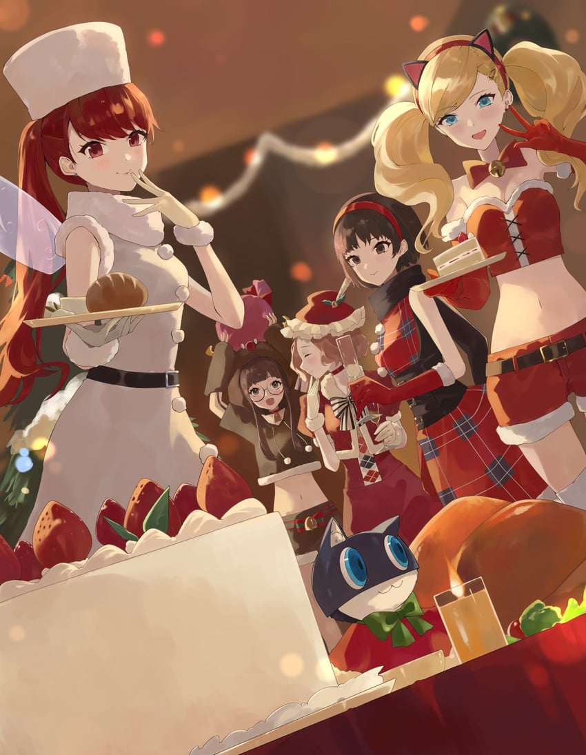 takamaki anne, sakura futaba, niijima makoto, okumura haru, morgana, and 1 more (persona and 2 more) drawn by konchi_(63438789)