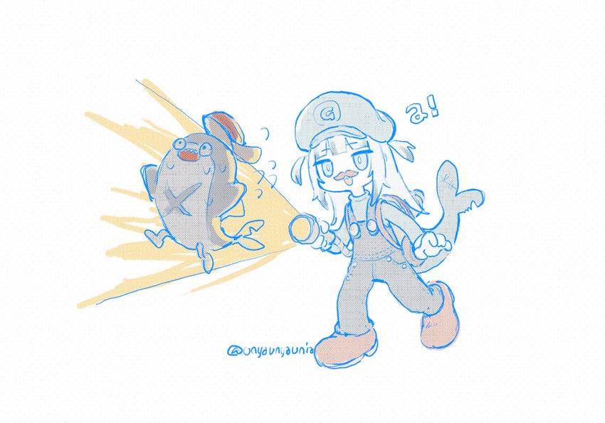 gawr gura, luigi, and bloop (hololive and 3 more) drawn by unya_(unyaunia)