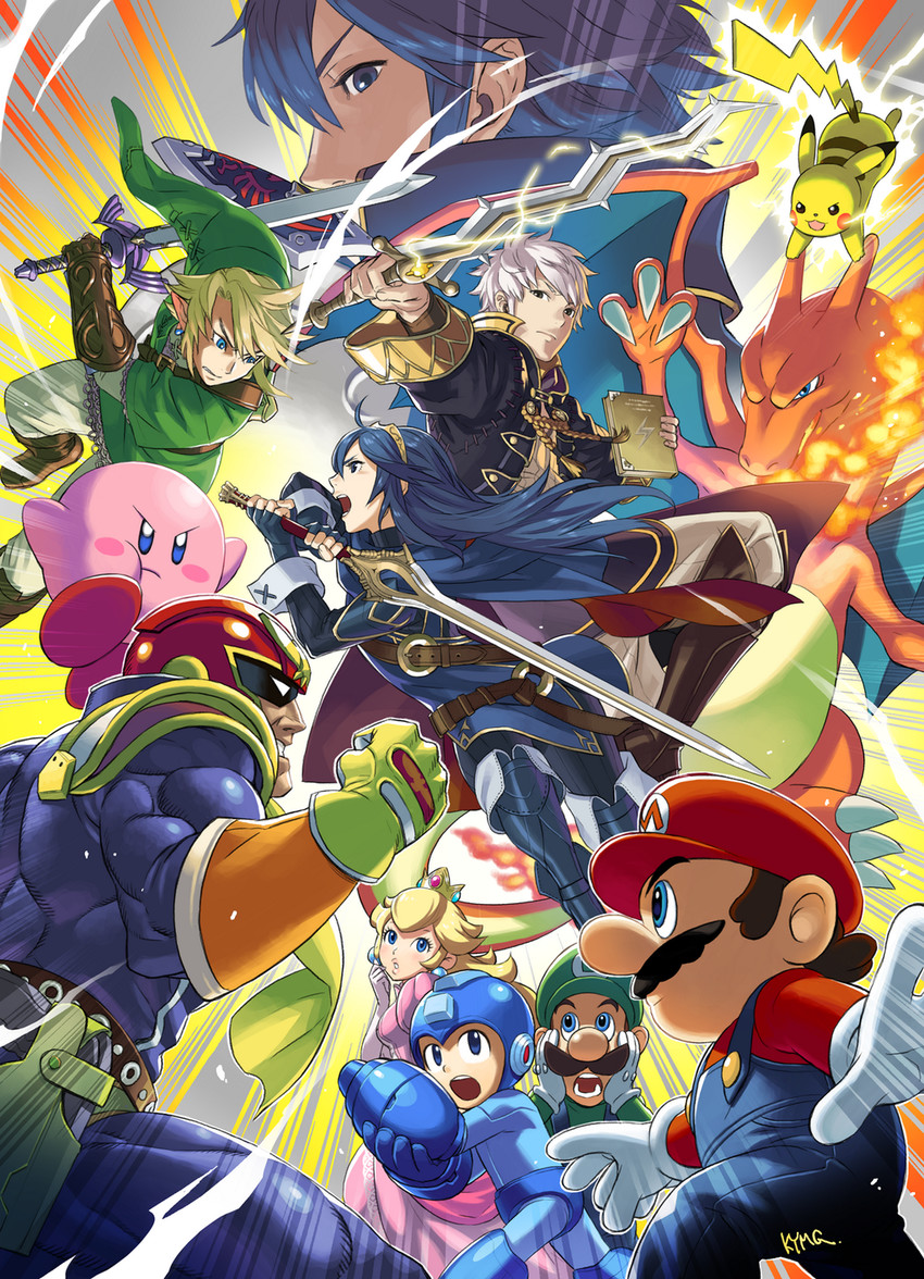 link, pikachu, kirby, princess peach, mario, and 7 more (pokemon and 10 more) drawn by kozaki_yuusuke
