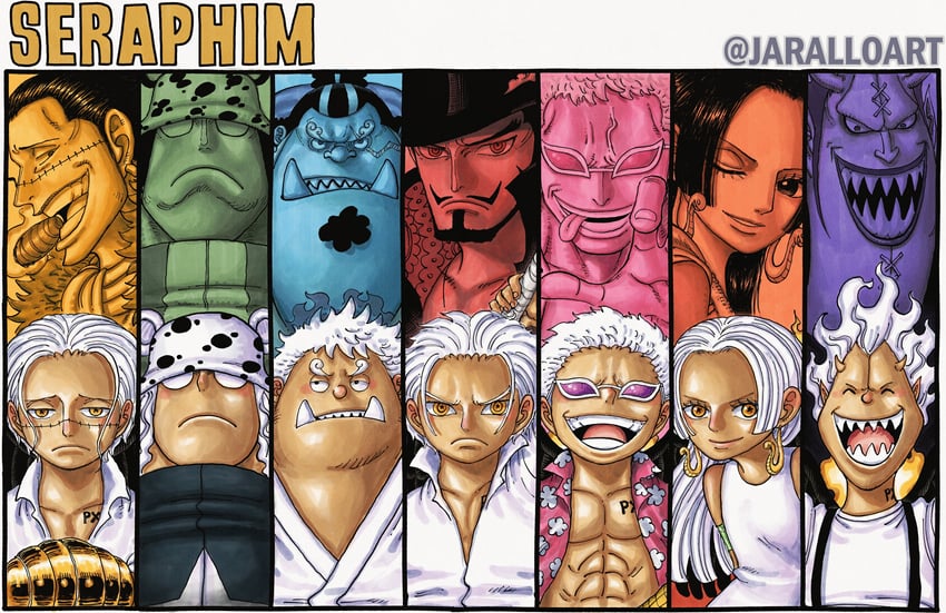 boa hancock, donquixote doflamingo, crocodile, dracule mihawk, jinbe, and 9 more (one piece) drawn by jaralloart