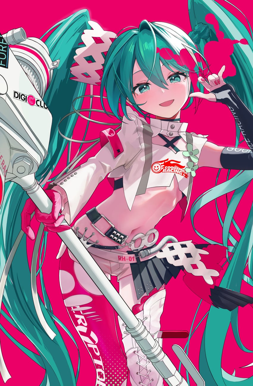 hatsune miku and racing miku (vocaloid and 1 more) drawn by hxk4_n