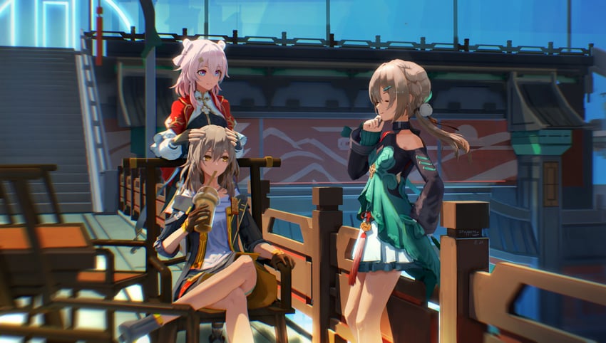 trailblazer, stelle, march 7th, and qingque (honkai and 1 more) drawn by aizhimi