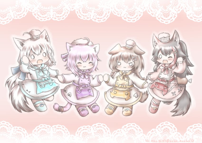 shirakami fubuki, nekomata okayu, ookami mio, and inugami korone (hololive) drawn by kalen_manbou