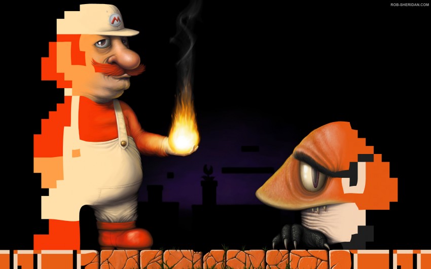 mario, piranha plant, goomba, and fire mario (mario and 1 more) drawn by rob_sheridan