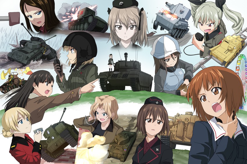 nishizumi miho, darjeeling, nishizumi maho, anchovy, kay, and 5 more (girls und panzer) drawn by hibasaka_ren