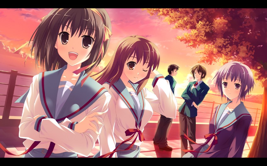 suzumiya haruhi, nagato yuki, asahina mikuru, kyon, and koizumi itsuki (suzumiya haruhi no yuuutsu) drawn by hinata_nao