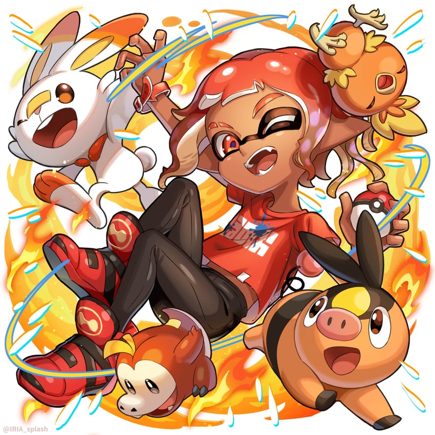 octoling player character, scorbunny, torchic, tepig, fuecoco, and 1 more (pokemon and 2 more) drawn by iria_(yumeirokingyo)