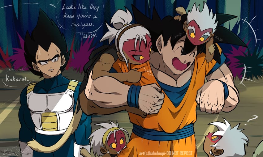 son goku, vegeta, and whis (original and 2 more) drawn by bahnloopi
