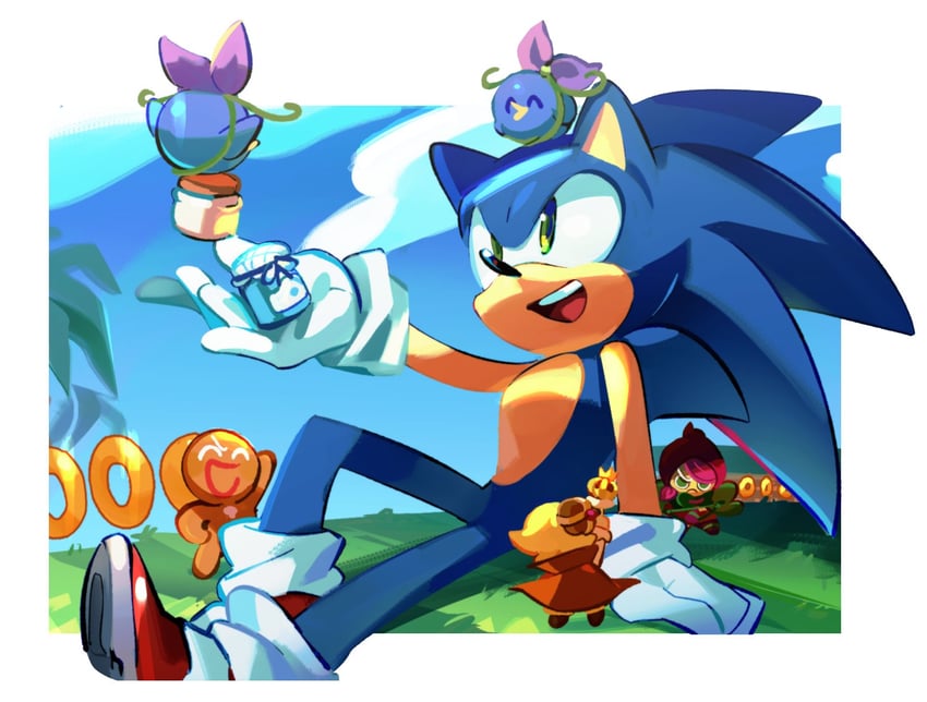 sonic the hedgehog, gingerbrave, custard cookie iii, blueberry bird, and beet cookie (sonic and 2 more) drawn by weon1119