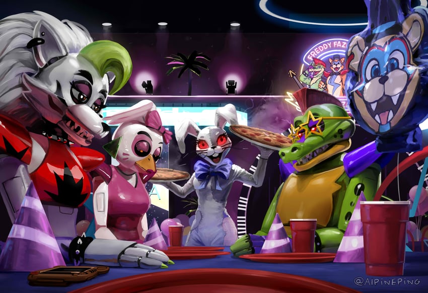 glamrock freddy, roxanne wolf, vanny, montgomery gator, and glamrock chica (five nights at freddy's and 1 more) drawn by alpineping