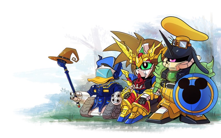 sora, donald duck, goofy, gouf, guntank, and 1 more (gundam and 5 more) drawn by xzeit