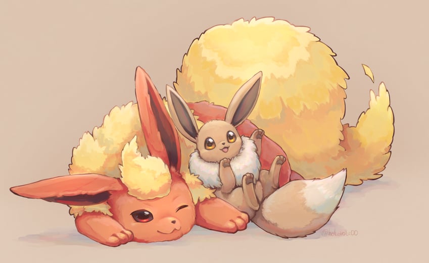 eevee and flareon (pokemon) drawn by s_(happycolor_329)