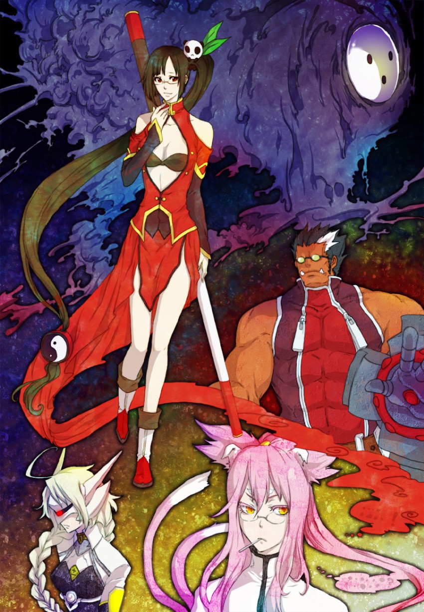 lambda-11, litchi faye ling, kokonoe, arakune, lao jiu, and 1 more (blazblue) drawn by daidaiao