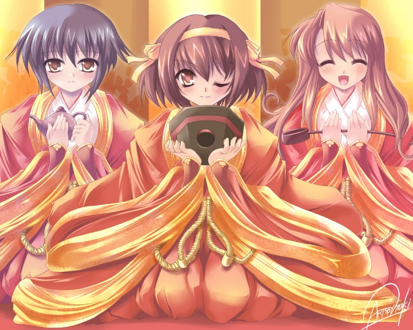 suzumiya haruhi, nagato yuki, and asahina mikuru (suzumiya haruhi no yuuutsu) drawn by maki_(seventh_heaven_maxion)