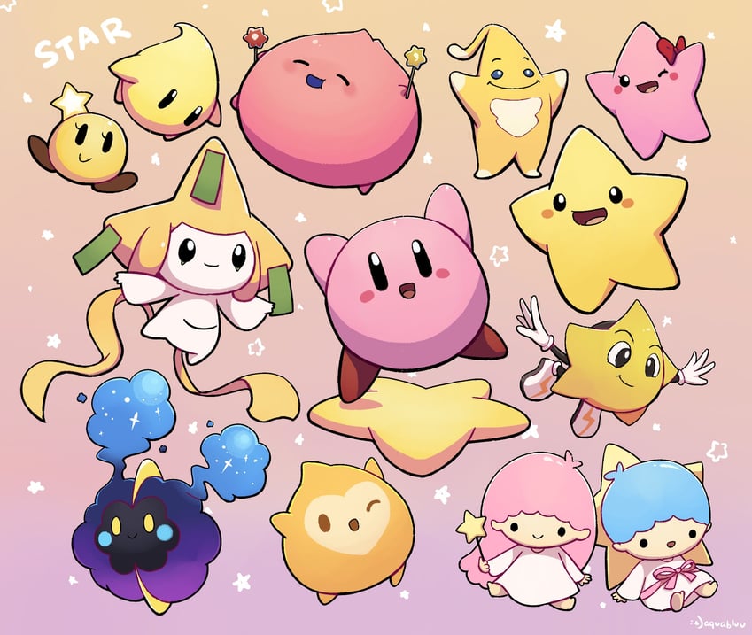 kirby, jirachi, luma, cosmog, lala, and 8 more (pokemon and 10 more) drawn by aquabluu