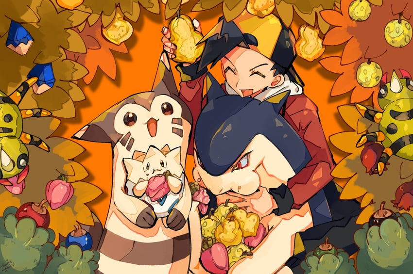 ethan, furret, togepi, typhlosion, and spinarak (pokemon and 1 more) drawn by 017_75