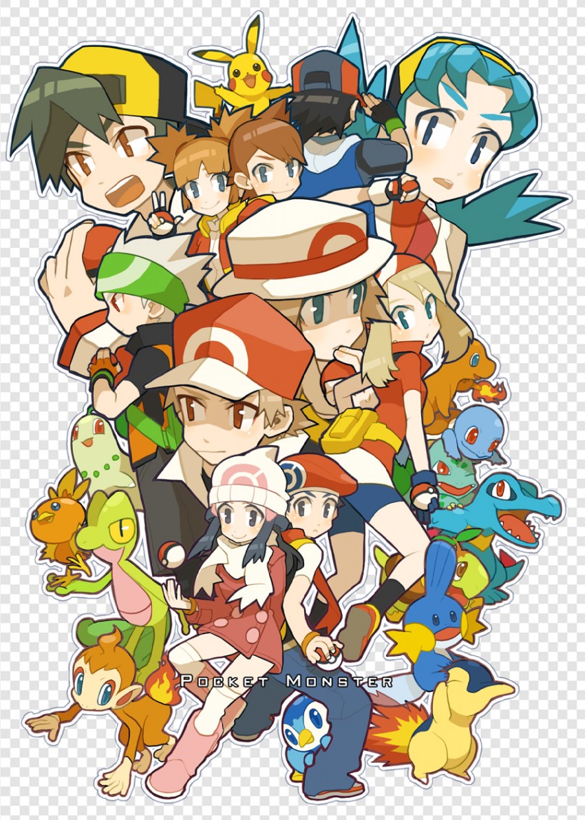pikachu, dawn, may, ash ketchum, red, and 19 more (pokemon and 8 more) drawn by haruo_(clownberry)