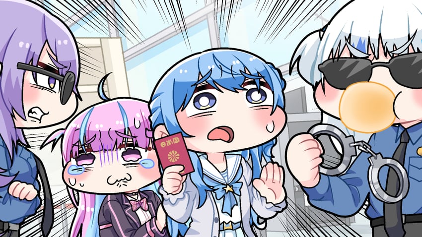 gawr gura, hoshimachi suisei, minato aqua, and moona hoshinova (hololive and 2 more) drawn by komainu_channel