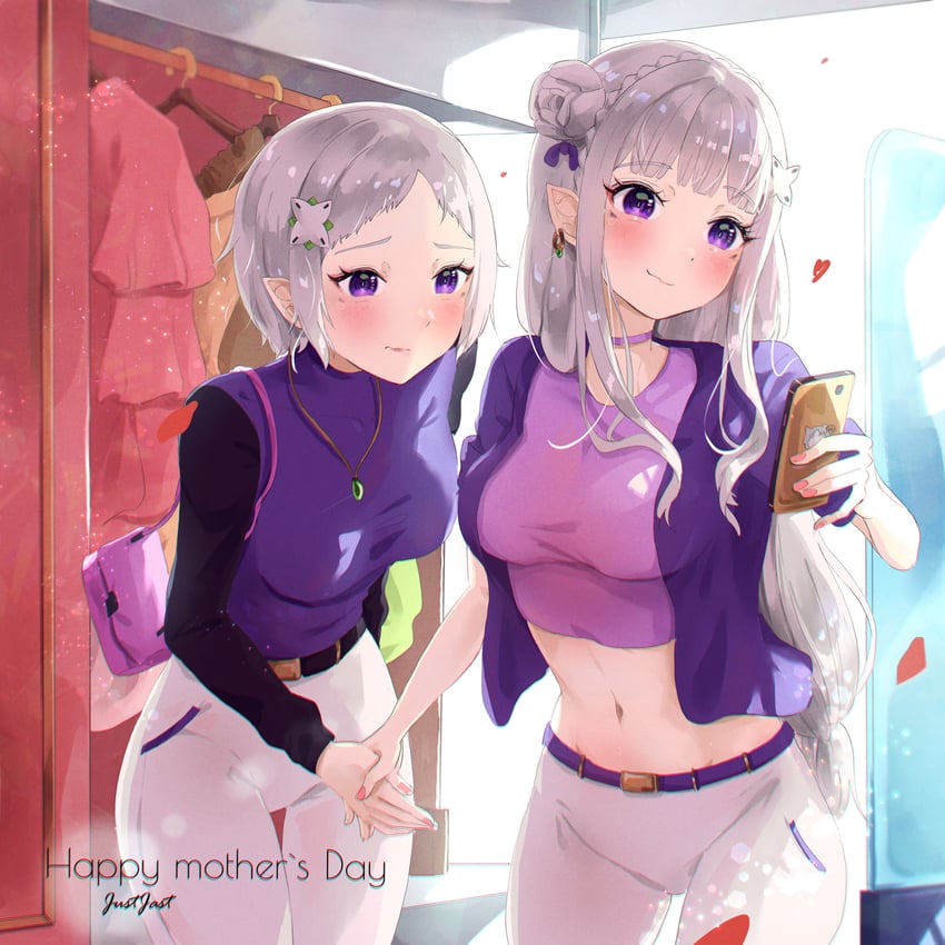 emilia and fortuna (re:zero kara hajimeru isekai seikatsu) drawn by justjast