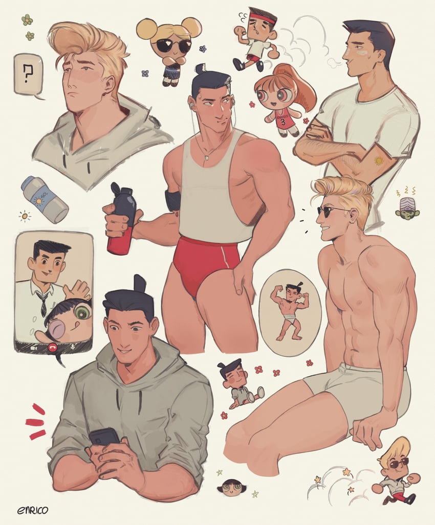 buttercup, blossom, bubbles, samurai jack, johnny bravo, and 1 more (powerpuff girls and 2 more) drawn by enri_(ceinordraws)