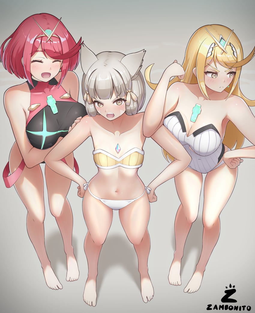 nia, pyra, and mythra (xenoblade chronicles and 1 more) drawn by zambonito