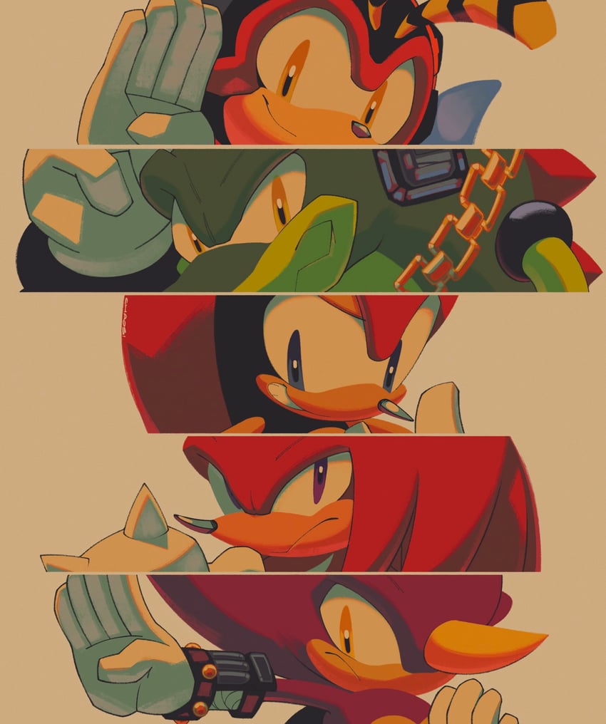 knuckles the echidna, espio the chameleon, vector the crocodile, charmy bee, and mighty the armadillo (sonic and 2 more) drawn by chaoslose