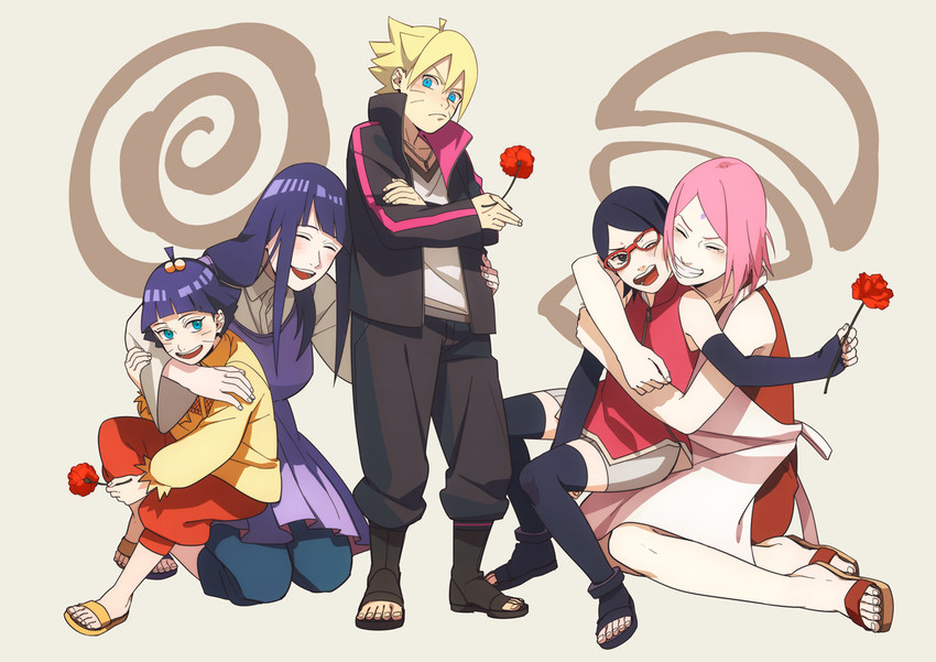 haruno sakura, hyuuga hinata, uchiha sarada, uzumaki boruto, and uzumaki himawari (naruto and 1 more) drawn by oba-min