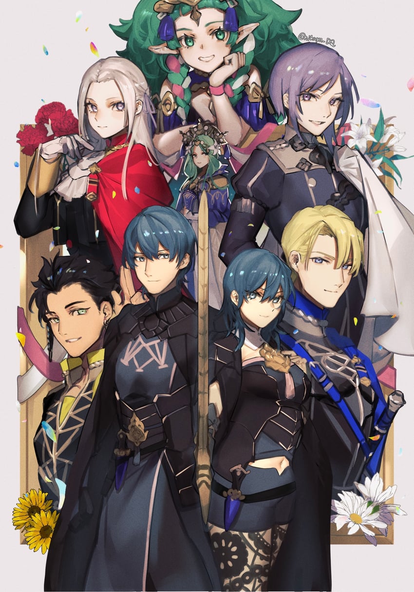 female byleth, edelgard von hresvelg, dimitri alexandre blaiddyd, male byleth, claude von riegan, and 3 more (fire emblem and 1 more) drawn by seinikuten