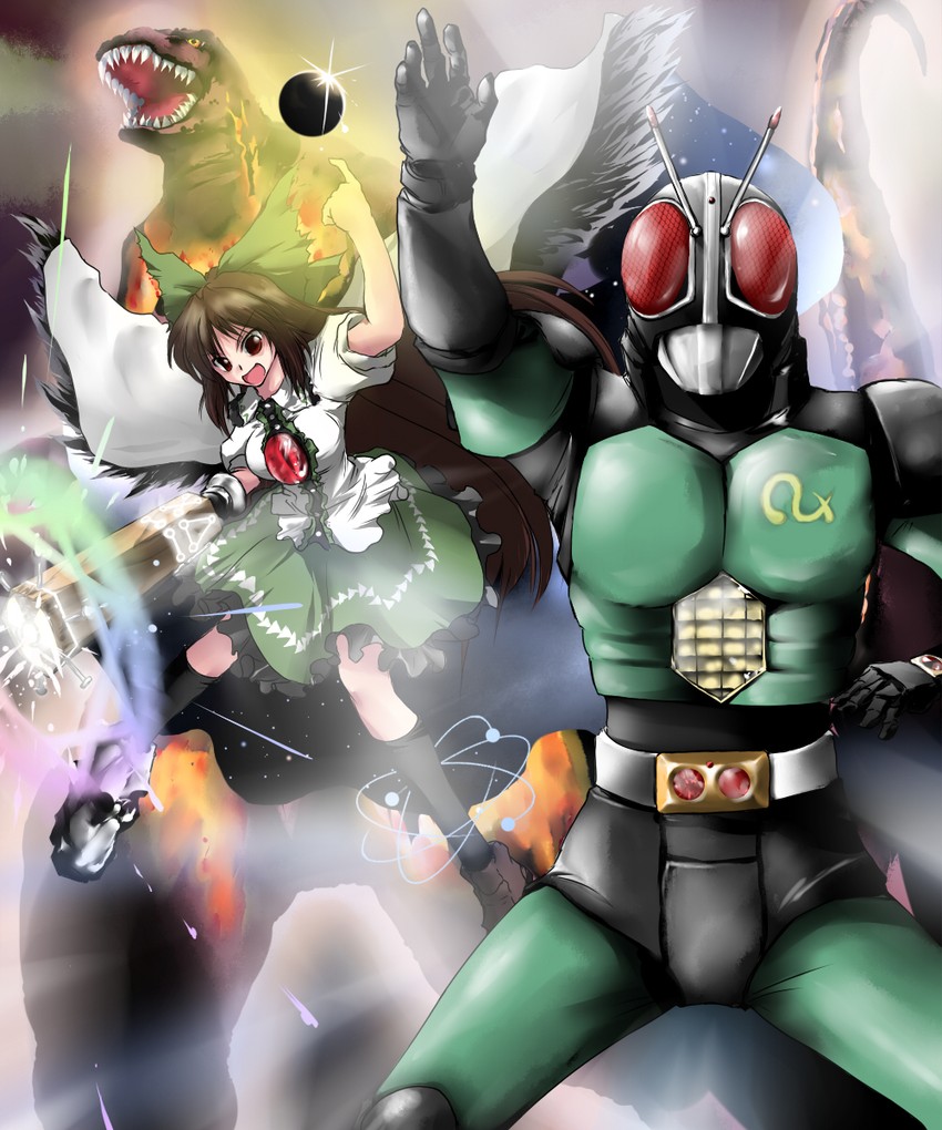reiuji utsuho, godzilla, and kamen rider black rx (touhou and 3 more) drawn by kazami_shirou_(kaizou-zumi)