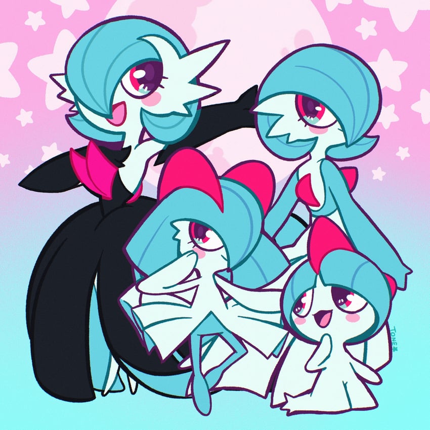 gardevoir, mega gardevoir, kirlia, and ralts (pokemon) drawn by tonestarr