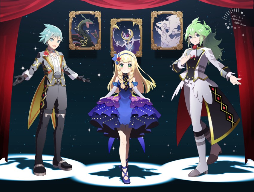 steven stone, reshiram, rayquaza, lunala, lillie, and 1 more (pokemon and 1 more) drawn by cocoloco