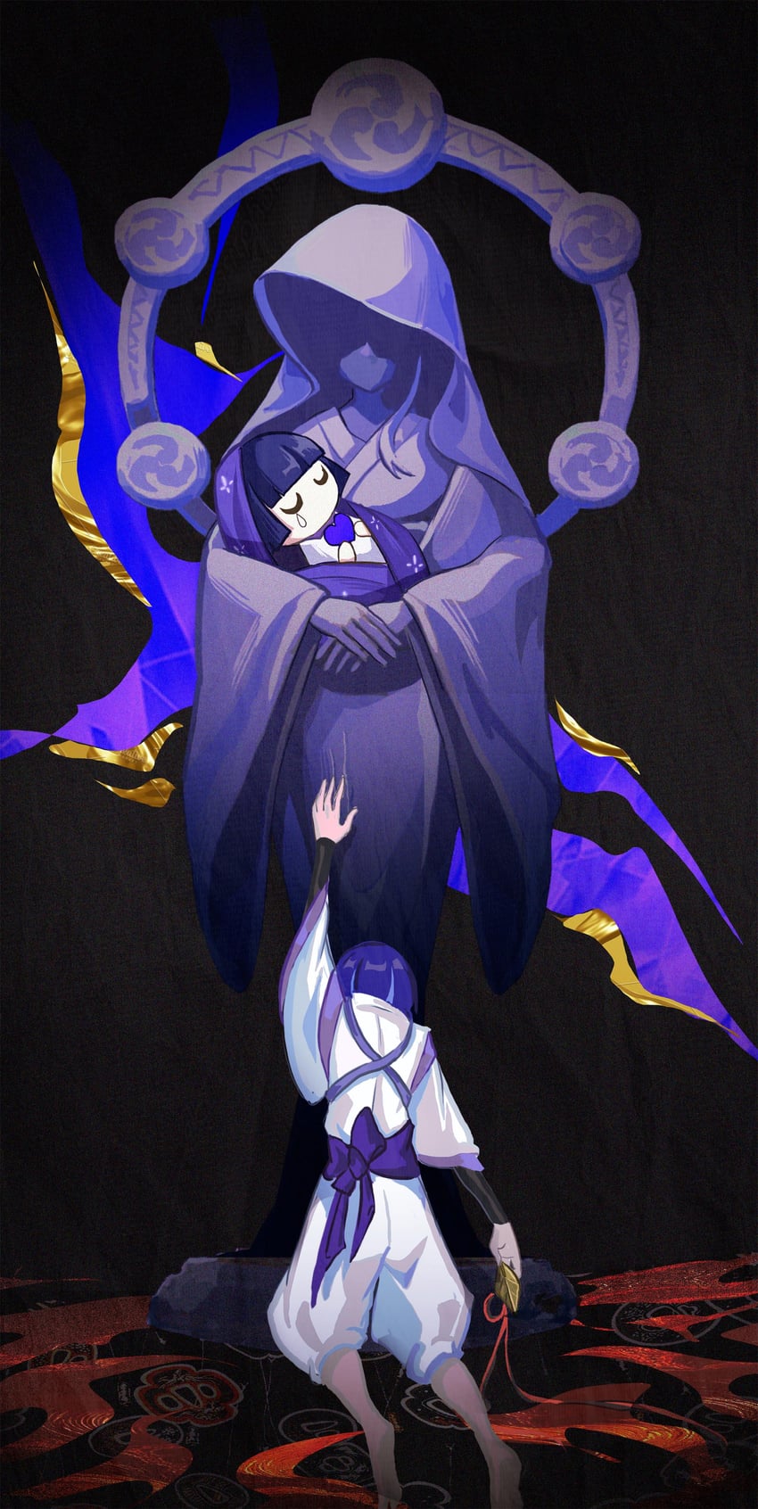 raiden shogun, scaramouche, and statue of the seven (genshin impact) drawn by momogourami