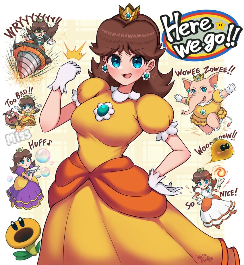 princess daisy, goomba, talking flower, fire daisy, drill daisy, and 3 more (mario and 1 more) drawn by wakaba_(wata_ridley)